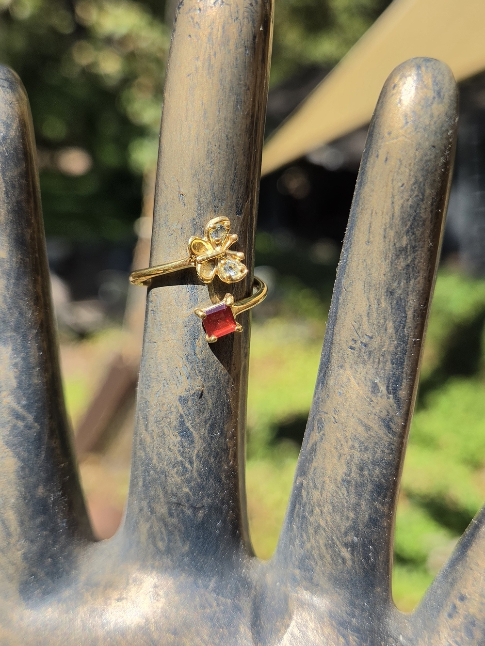 Garnet & Topaz Natural Gemstone Butterfly Sterling & Gold Ring Sz6.5 Adjustable